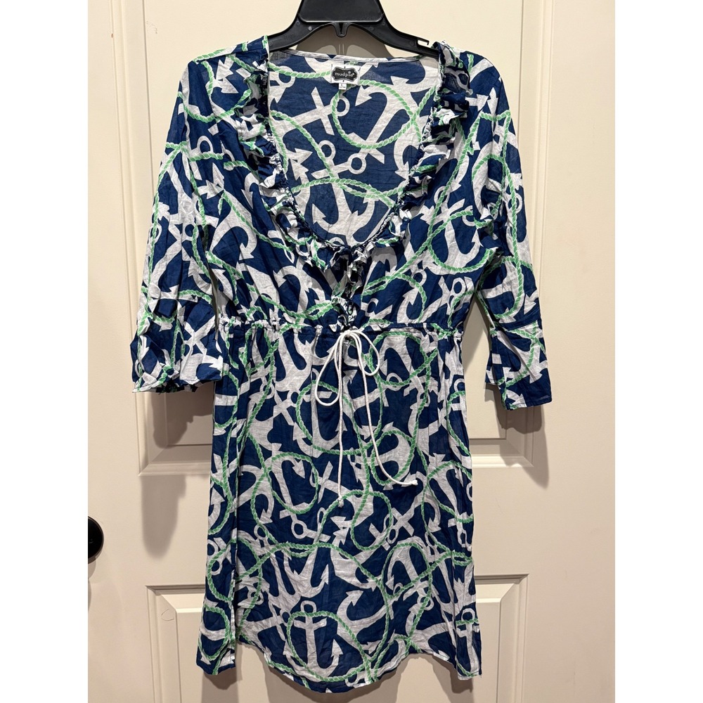 Mud Pie Women Blue White Rope Print Cotton Ruffle VNeck Tunic Swim Cover L *spot